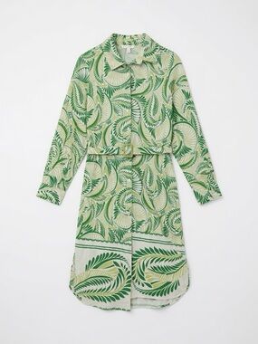 Green Leaf Print Belted Shirt Dress